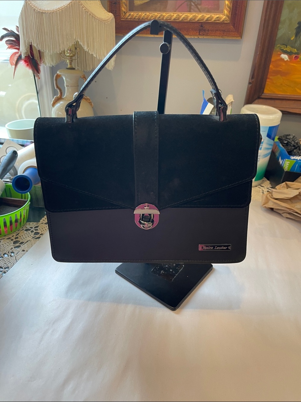 Venice Leather Classic Black Suede & Leather Top-Handle Satchel